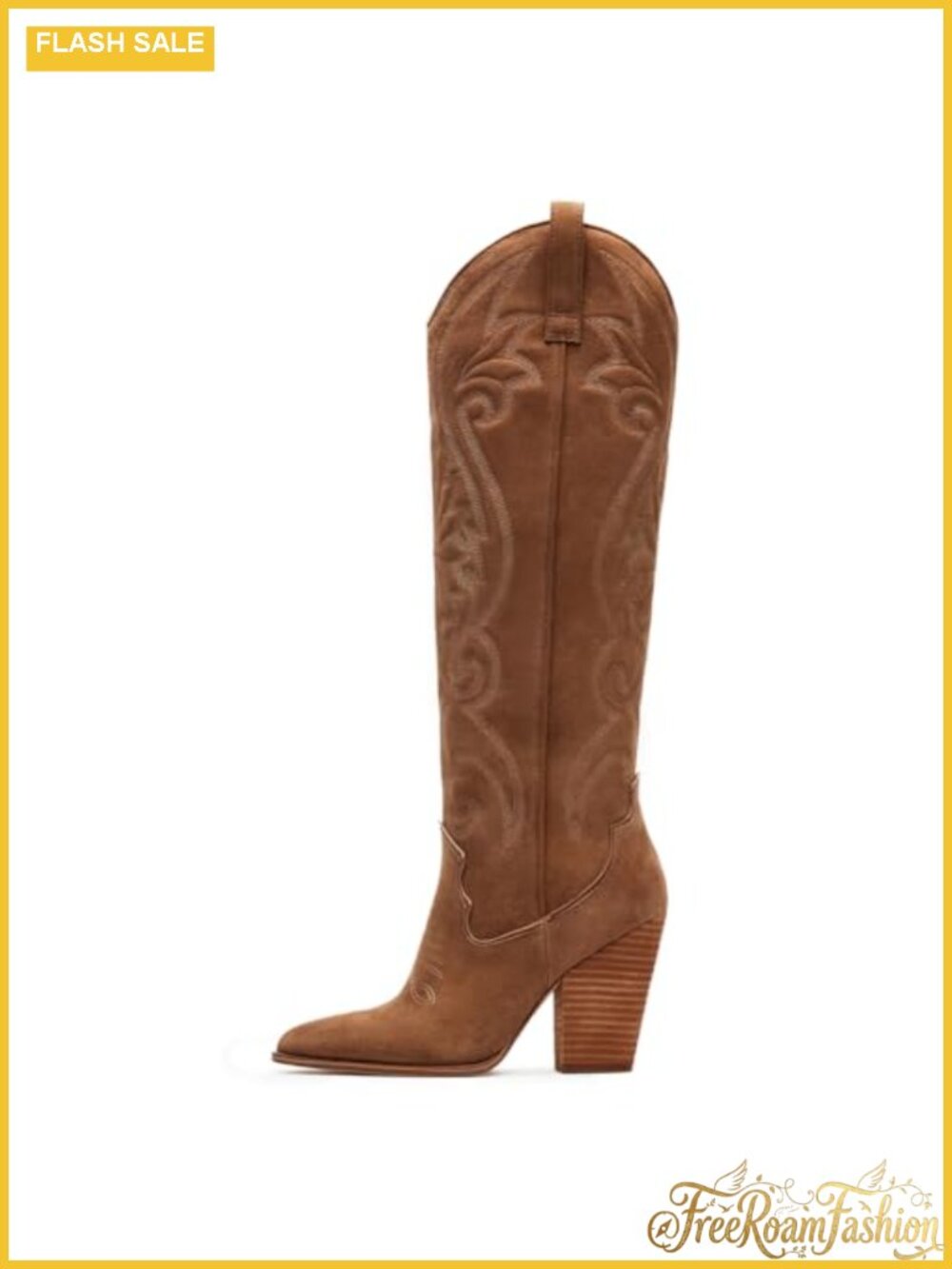 Women's Knee High Cowboy Boots Pointed Toe Chunky Heel Embroidered Pull-On